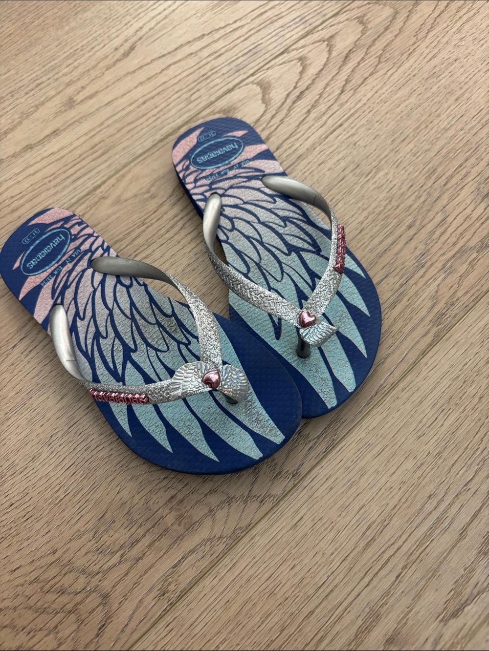 Havaianas Navy Blue Flip Flops with Silver Straps and Pink Heart